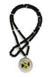 Stone Stud Jamaica Waving Flag Medal Pendant with 6mm 30" Wood Bead Color Disc Necklace, Black Wood/Silver-Tone