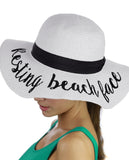 C.C Women's Paper Weaved Crushable Beach Embroidered Quote Floppy Brim Sun Hat, Resting Beach Face