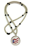 Stone Stud Puerto Rico Waving Flag Medal Pendant with 6mm 30" CCB Bead Necklace, Silver-Tone
