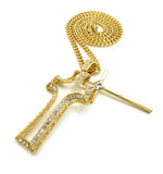 Stone Stud Double Cross Pendant with 5mm 24" Cuban Chain Necklace, Gold-Tone