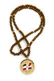 Stone Stud Dominican Republic Waving Flag Medal Pendant with 6mm 30" Wood Bead Color Disc Necklace, Black Wood/Silver-Tone