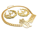 Stone Stud Crowned Queen Pendant Necklace with Crown Charm Bamboo Hoop Earrings Jewelry Set
