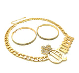 Stone Stud Crowned Queen Pendant Chain Necklace with Rhinestone Hoop Earrings Jewelry Set