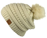 NYFASHION101 Soft Stretch Cable Knit Faux Fur Pom Pom Beanie Hat