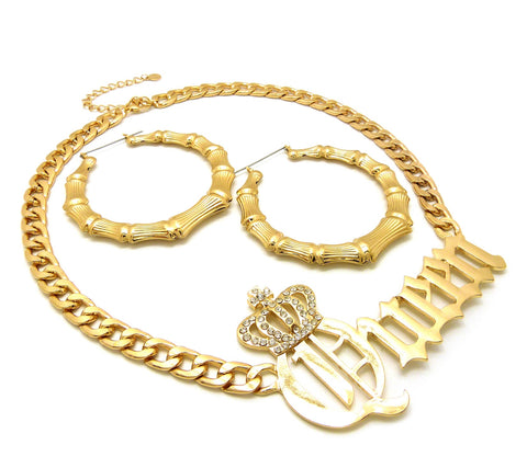 Stone Stud Crowned Queen Pendant Necklace with Bamboo Hoop Earrings Jewelry Set