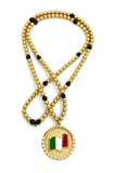 Stone Stud Waving Flag Medal Pendant with 6mm 30" CCB Bead Necklace in Gold-Tone, Italy