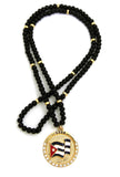 Stone Stud Cuba Waving Flag Medal Pendant with 6mm 30" Wood Bead Color Disc Necklace, Black Wood/Gold-Tone