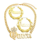 Stone Stud Crowned Queen Pendant Chain Necklace with Pincatch Earrings Jewelry Set