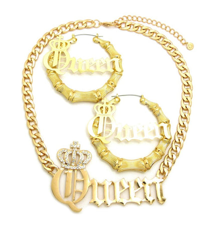 Stone Stud Crowned Queen Pendant Chain Necklace with Pincatch Earrings Jewelry Set