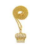 Stone Stud Hollow Royal Crown Pendant with 2mm 24" Rope Chain Necklace