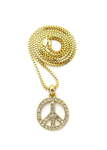 Stone Stud Peace Sign Micro Pendant with Chain Necklace