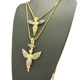 Silver-Tone Dusted Wing Praying Angel & Stone Stud Halo Angel Pendant Set w/ 24" & 30" Box Chains in Gold-Tone