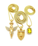 Yellow Stone, Halo Angel & King Lion Pendant Set w/ Multi Length Box Chains in Gold-Tone