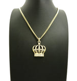Stone Stud Hollow Royal Crown Pendant with 3mm 24" Cuban Chain Necklace, Gold-Tone