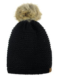 C.C Horizontal Knit Faux Fur Pom Back Drawstring Slouch Beanie Hat