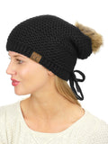 C.C Horizontal Knit Faux Fur Pom Back Drawstring Slouch Beanie Hat
