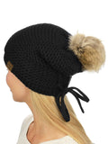 C.C Horizontal Knit Faux Fur Pom Back Drawstring Slouch Beanie Hat