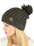 C.C Women's Chenille Soft Stretchy Pom Cuffed Knit Beanie Cap Hat