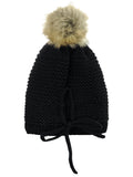 C.C Horizontal Knit Faux Fur Pom Back Drawstring Slouch Beanie Hat