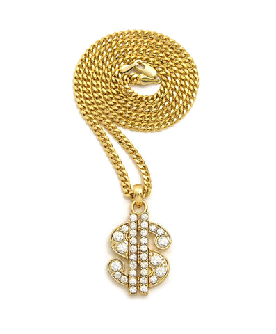 Stone Stud Dollar Sign Micro Pendant with 3mm 24" Cuban Chain Necklace, Gold-Tone