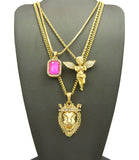 Colored Gemstone, Extended Wing Pray Angel & King Lion Pendant Set w/ Varying Gold-Tone Chain Necklaces