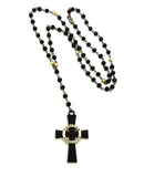 Veritas Aequitas Cross Pendant with 6mm 30" Black and Color Stone Bead Rosary Necklace