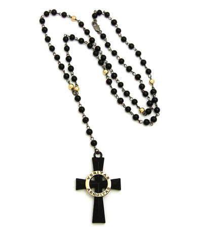 Veritas Aequitas Cross Pendant with 6mm 30" Black and Color Stone Bead Rosary Necklace