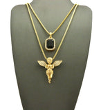 Stone Stud Extended Wing Praying Angel & Colored Gemstone Set w/ 24" & 30" Gold-Tone Box Chains