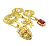 Ruby Red Stone, Floating Angel, & King Lion Pendant Set w/ Box Chain Necklaces in Gold-Tone