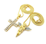 Silver-Tone Dusted Pray Angel & 2 Row Stone Cross Pendant Set w/ 24" & 30" Box Chains in Gold-Tone