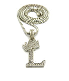 Unisex Stone Stud Tilted Crown Letter Initial Micro Pendant 2mm Box Chain Necklace, 20", L