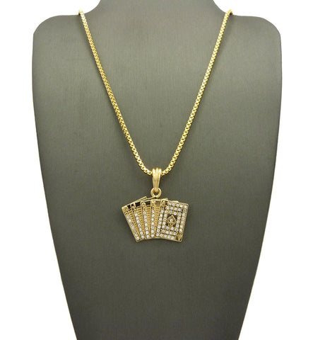 Stone Stud Royal Flush Poker Hand Micro Pendant w/ Chain Necklace