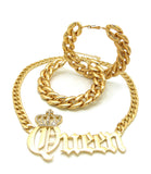 Stone Stud Crowned Queen Pendant Chain Necklace with Bamboo Style Hoop Earrings Jewelry Set