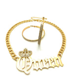 Stone Stud Crowned Queen Pendant Chain Necklace with Rhinestone Hoop Earrings Jewelry Set
