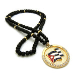 Stone Stud Cuba Waving Flag Medal Pendant with 6mm 30" Wood Bead Color Disc Necklace, Black Wood/Gold-Tone