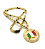 Stone Stud Waving Flag Medal Pendant with 6mm 30" CCB Bead Necklace in Gold-Tone, Italy