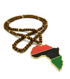 Pan Africa Continent Pendant with  6mm 30" Wooden Bead and Metal Disc Necklace, Gold-Tone/Brown Wood
