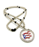 Stone Stud Puerto Rico Waving Flag Medal Pendant with 6mm 30" CCB Bead Necklace, Silver-Tone