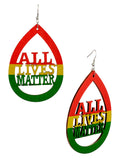 Women's Rasta Slogan All Lives Matter Wood Teardrop Dangle Pierced Earrings