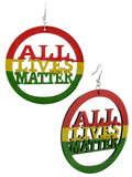 Women's Rasta Slogan All Lives Matter Wood Encircled Dangle Pierced Earrings