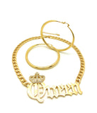 Stone Stud Crowned Queen Pendant Chain Necklace with Polished Hoop Earrings Jewelry Set