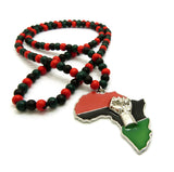 Power Fist on Pan Africa Continent Pendant with 6mm 36" Multicolored Wood Bead Necklace, Silver-Tone
