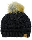 NYFASHION101 Soft Stretch Cable Knit Faux Fur Pom Pom Metal Color Beanie Hat