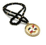 Stone Stud Dominican Republic Waving Flag Medal Pendant with 6mm 30" Wood Bead Color Disc Necklace, Black Wood/Gold-Tone