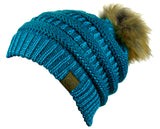 NYFASHION101 Soft Stretch Cable Knit Faux Fur Pom Pom Metal Color Beanie Hat