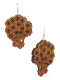 Wooden Floral Turban Fro African Woman Head Dangle Pierced Earrings