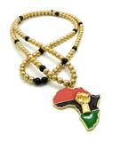 Pan Africa Continent Pendant with 6mm 30" CCB Bead Necklace, Gold-Tone/Power Fist on Pan Africa