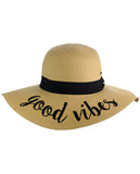 C.C Women's Paper Weaved Beach Time Embroidered Quote Floppy Brim Sun Hat