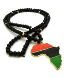 Pan Africa Continent Pendant with  8mm 36" Black Wooden Bead and Metal Disc Necklace, Gold-Tone