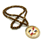 Stone Stud Dominican Republic Waving Flag Medal Pendant with 6mm 30" Wood Bead Color Disc Necklace, Black Wood/Silver-Tone